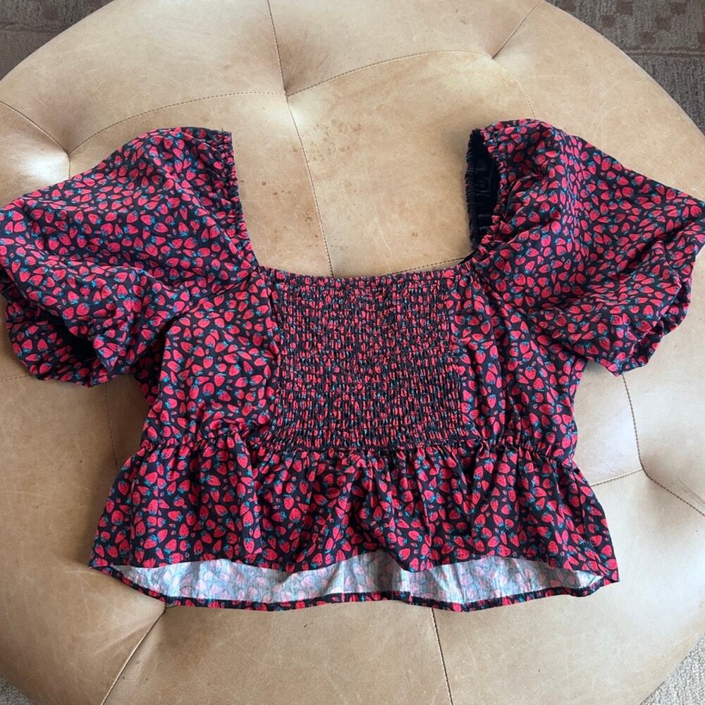 Strawberry Print Bow Front Puff Sleeve Peplum Crop Top Romantic Cottagecore XL - Picture 5 of 10